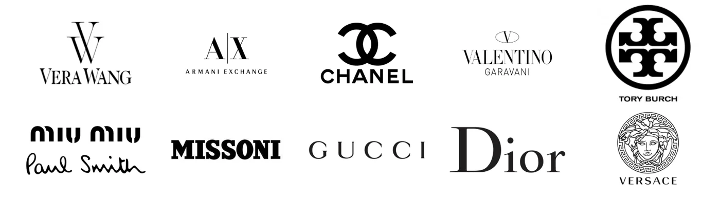 Designer names including Vera Wang, Chanel, Valentino, Gucci, and Dior