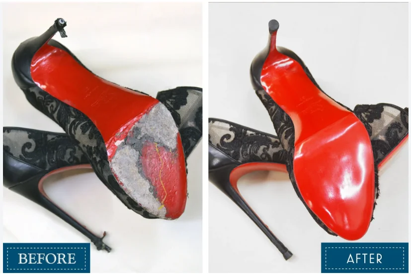 Before and after views of the sole of a red high-heeled shoe