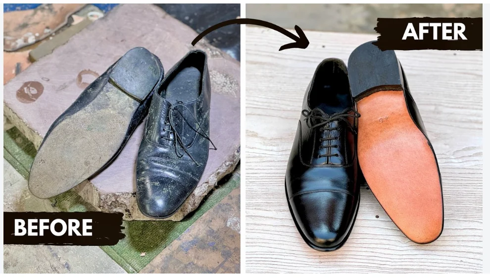 Before and after views of a restored black leather dress shoe