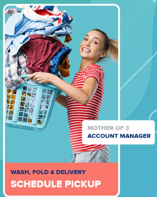 Wash, fold and delivery graphic showing a customer with a basket of laundry
